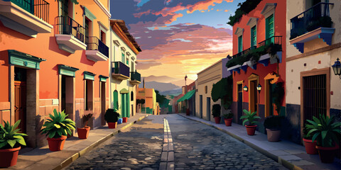 Fototapeta premium Colorful village street at sunset with potted plants. Vector illustration