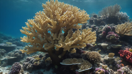 A coral reef suffering from bleaching due to rising ocean temperatures. The once vibrant corals are now white and lifeless, showing the devastating effects of global warming on marine ecosystems.