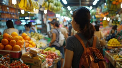 Obraz premium a solo traveler, showcasing local market goods in a setting of a bustling urban market, emphasizing cultural immersion and the excitement of local shopping.