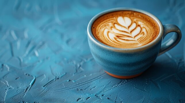 Gourmet Coffee Cup: Capture a gourmet coffee cup with latte art, isolated on a blue background, evoking warmth and sophistication.