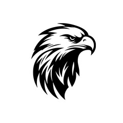 Black and white illustration of an eagle head. Esport logo of a falcon. Tattoo design for a hawk.