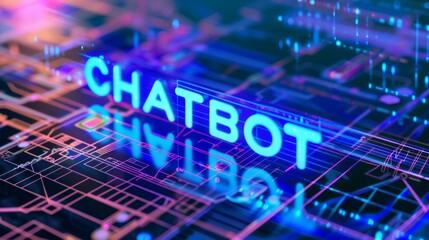 A digital illustration of text chatbot in glowing holographic letters