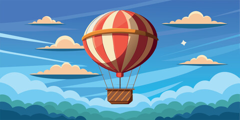Fototapeta premium Hot air balloon flying in blue sky with fluffy clouds. Vector illustration