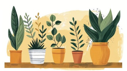 Illustration of various potted plants on a shelf. Perfect for home decor, gardening, and nature-themed designs.