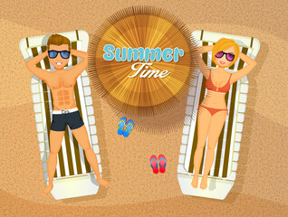 man and woman sunbathe lying on the beach lounger