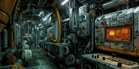 The Steel Labyrinth: A maze of industrial pipes, machines, and control panels in a dimly lit underground space