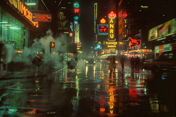 A bustling city street at night, illuminated by colorful neon signs and streetlights reflecting off the wet pavement after a summer rain shower. Steam rises from hot dog carts, and blurred figures