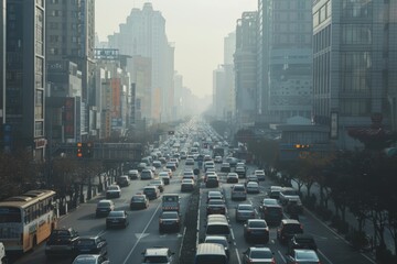 Dense Traffic on Urban City Street with Smog and Air Pollution - Reflections on Environmental Issues