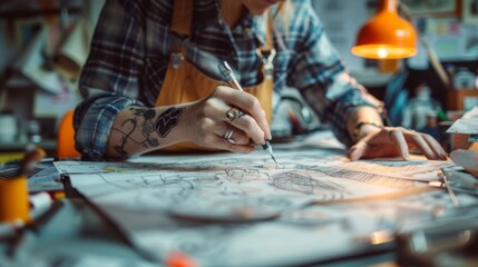 Obraz premium Crafting Style - Fashion Designer Sketching Clothing Designs. An image portraying the creative world of fashion design, featuring a designer engrossed in sketching out innovative clothing designs.