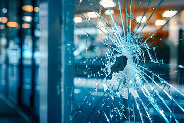 Close up view of shattered glass in office window vandalism or accident concept