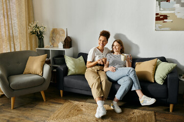 Obraz premium A diverse lesbian couple enjoys a relaxing afternoon at home, sharing coffee and smiles on the couch.