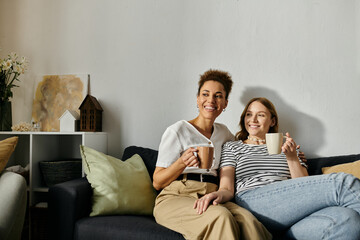 A lesbian couple relaxes on a couch, sharing a coffee at home.