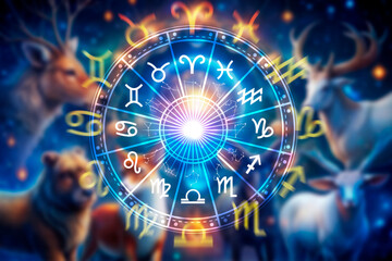 Concept of astrology and horoscope, person inside zodiac sign wheel, Astrological zodiac signs inside of horoscope circle, Astrology, knowledge of stars the sky, power of universe concept.