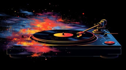 A Dynamic Turntable Illustration Featuring Vibrant Color Explosions and Energetic Motion Effects.
