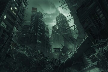 Surreal Nighttime Cityscape with Twisted Buildings and Desolate Urban Environment