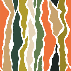Fototapeta premium Vertical lines patchwork seamless pattern. Colorful collage zebra textile design. Vector animal print, geometric striped repeat background, summer wildlife skin texture, cute wallpaper, waves design