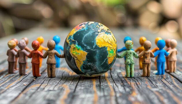 Close-up of miniature figurines surrounding a globe, symbolizing global unity and cultural diversity on a rustic wooden background.