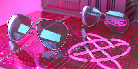 The Neon Pink Infinite Loop: A circuit board patterned with the infinity symbol, a futuristic computer tower, and a pair of shiny silver sunglasses.