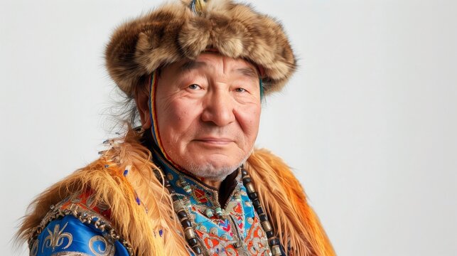 A Yakut man in traditional clothing stares directly at the camera