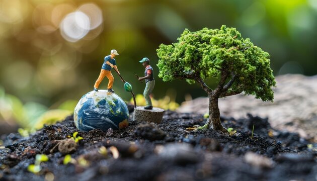Miniature figures working on a small globe with plants. Symbolic representation of global environmental conservation and awareness.