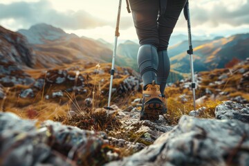 Naklejka premium Hiker Using Trekking Poles for Leg Support During Mountain Hike with Stunning Panoramic Views
