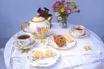 Afternoon hight  tea  cream tea  cake   vintage china  
royal  tea party lace  table cloth 