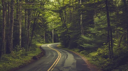 Fototapeta premium Forest Roads: Images of roads cutting through dense forests, surrounded by trees and foliage. 