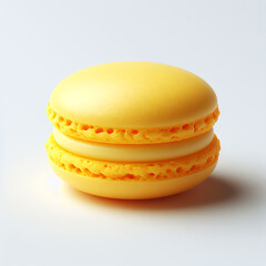 Appetizing yellow macaroon with lemon flavor on a white background.
