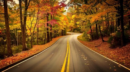 Fototapeta premium Autumn Roads: Photos of roads lined with colorful autumn foliage, capturing the beauty of the season. 