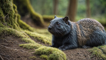 Fototapeta premium Detailed portrait of a wild animal. Cute animal in natural habitat, dark tropical forest.