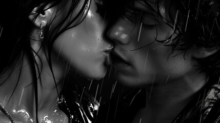 A moment of passion under a rainy sky. A black and white photo of a couple passionately kissing in the rain
