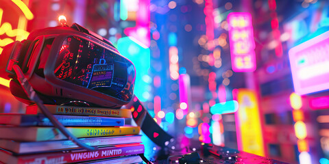 A stack of cyberpunk novels, a VR headset, and a neon-lit cityscape.