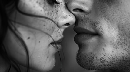 A moment of intimacy: a close-up of a couples passionate embrace. A black and white photograph captures the intimate moment of a couples kiss, their faces coming together in a moment of passion