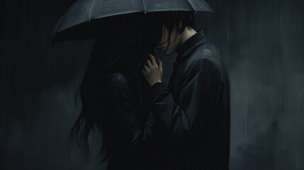 A rainy embrace underneath a dark umbrella. A couple shares a tender kiss in the rain, their silhouettes obscured by a black umbrella
