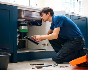 Male Plumber With Digital Tablet Fixing Waste Disposal Unit In Domestic Kitchen Sink