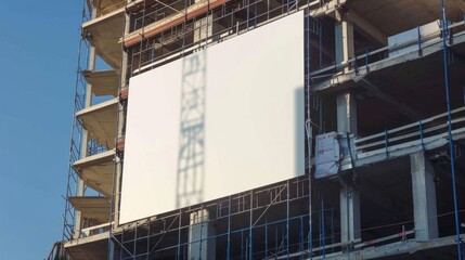 Fototapeta premium Blank white banner for advertisement mounted on construction site on a sunny day.