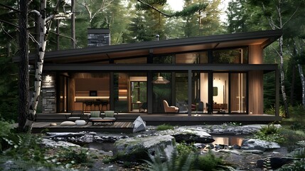 Obraz premium Contemporary Senior Cottage in Forest with Large Windows and Open Floor Plan