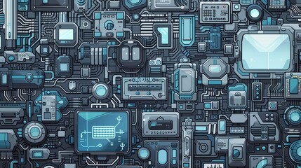 Fototapeta premium Tech-themed Doodles with Gadgets and Robots in Grey and Blue