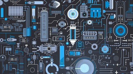 Tech-themed Doodles with Gadgets and Robots in Grey and Blue