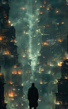 man standing front city night burning world post apocalyptic coruscant walking top tiny crumbling ancient skyscrapers chasm year endless