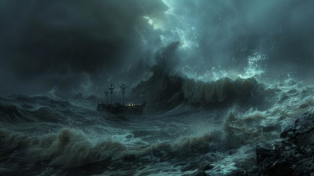 Stormy Sea with Massive Waves and Ghost Ship Emerging from Mist - Nightmarish Ocean Scene