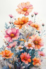 Beautiful watercolor art of vibrant flowers in full bloom, showcasing delicate floral arrangement and nature's colorful elegance.