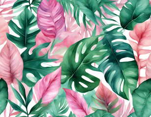 Watercolor painting colorful tropical green,pink leaves seamless pattern background.