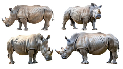 Obraz premium Four white rhinos in various poses in isolated on transparent background. Wildlife animals. Perfect for conservation and wildlife photography.