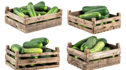 Four wooden crates filled with fresh green cucumbers.  A simple and classic image for any food or agricultural project in isolated on transparent background