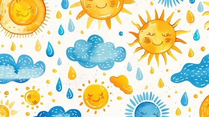 Colorful Weather Doodle Icons in Yellow and Blue