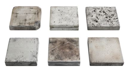 Six close-up images of worn, weathered concrete tiles in isolated on transparent background