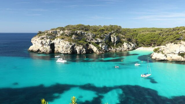 Cala Macarella beach in Menorca. Balearic Islands, Beautiful water, white cliffs and beautiful coast, Place for a holiday break