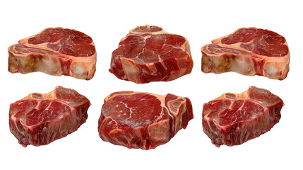 Fototapeta premium Six raw beef steaks, evenly spaced and arranged in two rows in isolated on transparent background