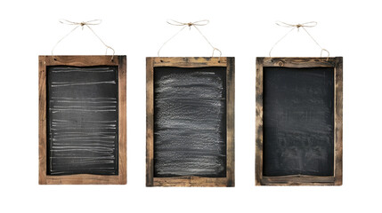 Three blank vintage chalkboards hanging in isolated on transparent backgroundd, perfect for adding...